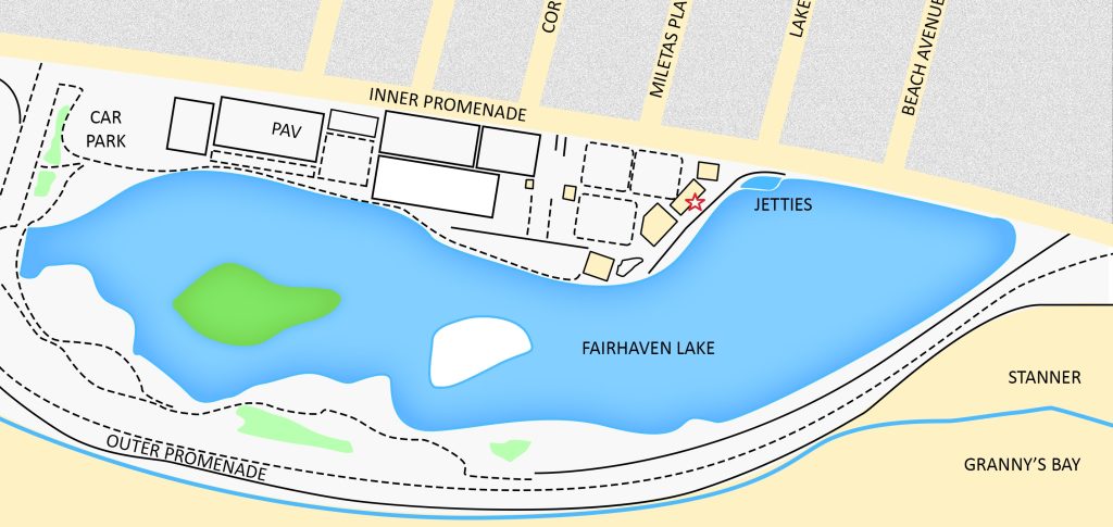 The location of the boathouse building containing the Mawson Room is marked on this map with a star