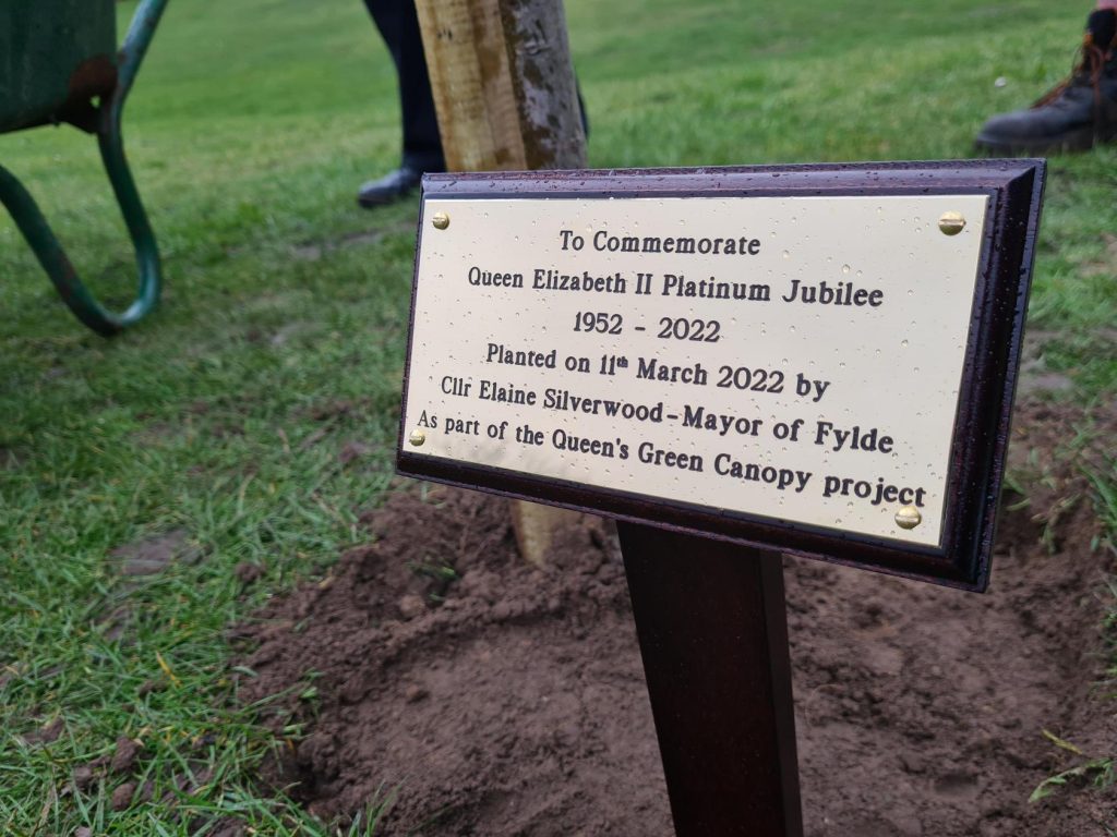 Mayor Elaine Silverwood of Fylde plants an Evergreen Oak in Ashton Gardens to commemorate the Platinum Jubilee.