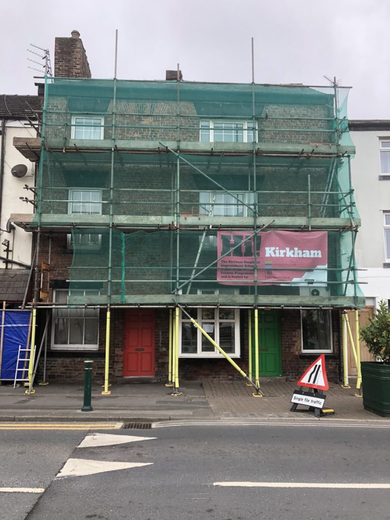 Scaffolding at Dawsons Chippy, 4-6 Freckleton Street in Kirkham, as the first of the Kirkham Futures shopfront improvement projects gets underway. 