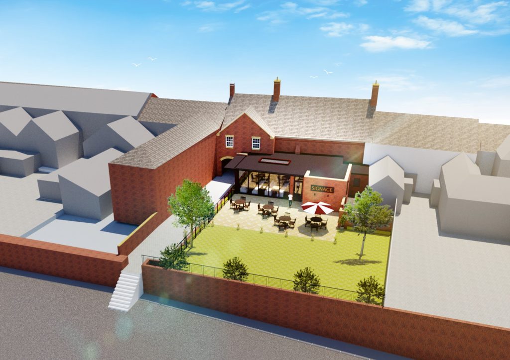 An aerial render of the intended refurbishment of the former TSB/Charity Girls School in Kirkham.